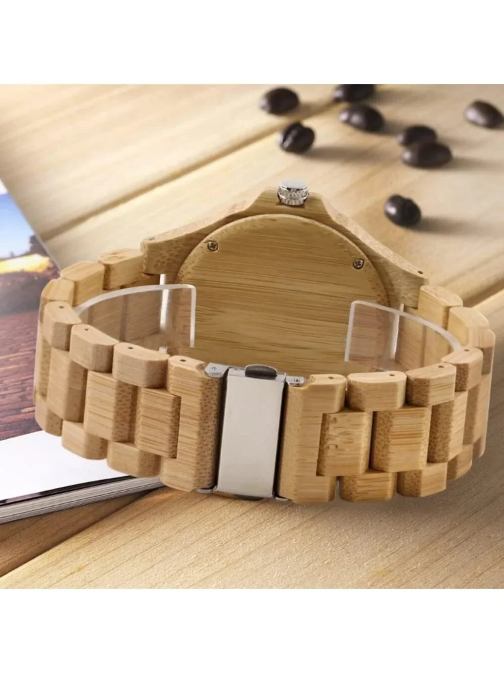 Men's Beige White Classic Handmade Round Bamboo Analog Date Quartz Wooden Watch